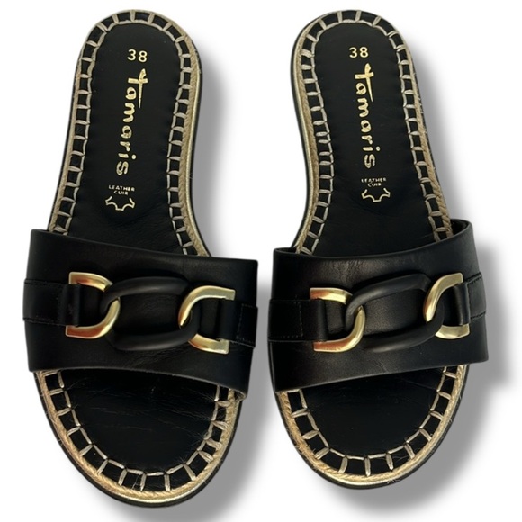 Tamaris Women's Slides Black Leather Gold Chunky Chain US Size 7 German Size 38 - Picture 1 of 16